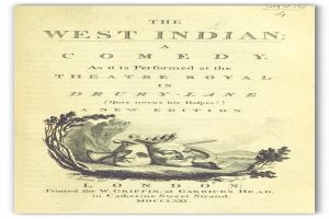 Plakat für 'The West Indian Comedy' im Theatre Royal in Drury Lane, das einen Schwarz-Weiß-aufnahme eines Mannes in einem Zylinder und einer Frau in einem langen Kleid zeigt, die beide lächeln und in die Kamera schauen, mit dem Titel in fetter, weißer Schrift.