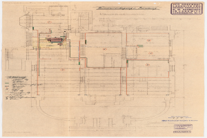 Schwarz-weißer Architekturplan des Rosenhof-Krankenhauses in Hamburg, Deutschland, mit detaillierter.Layout mit zahlreichen Kabeln, Räumen, Fluren und Textanmerkungen auf altem Papier.