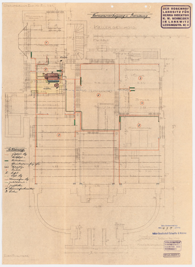 Schwarz-weißer Architekturplan des Rosenhof-Krankenhauses in Hamburg, Deutschland, mit detaillierter.Layout mit zahlreichen Kabeln, Räumen, Fluren und Textanmerkungen auf altem Papier.