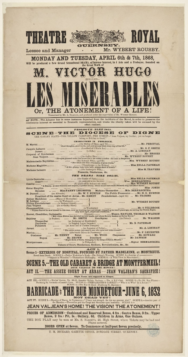 Schwarz-weiß-Anzeige in einer Zeitung für das Theatre Royal in London, die wahrscheinlich das Musical Les Misérables ankündigt.