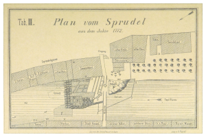 Ein Plakat mit einem detaillierten Plan von Spruidel, Deutschland, mit begleitendem Text, der zusätzliche Informationen über die Stadt bereitstellt.