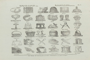 Ein abgenutztes Buch mit verstreuten Zeichnungen von Gegenständen und handgeschriebenem Text auf seiner Oberfläche.
