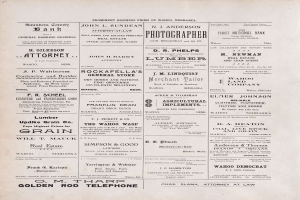 Schwarzes und weißes Buch mit dem Titel "Prominente Geschäftsfirmen von Wahoo, Nebraska" mit einem Mannsgesicht auf dem Cover, das lokale Geschäftsfirmen beschreibt.