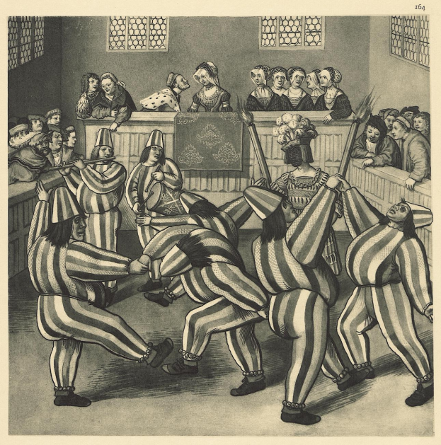 Eine Schwarz-Weiß-Zeichnung von Menschen in gestreiften Pyjamas, die in einem Raum mit einer Wand und Fenstern im Hintergrund tanzen, mit dem Text "William Hogarth - The Court of the Court of England" unten.