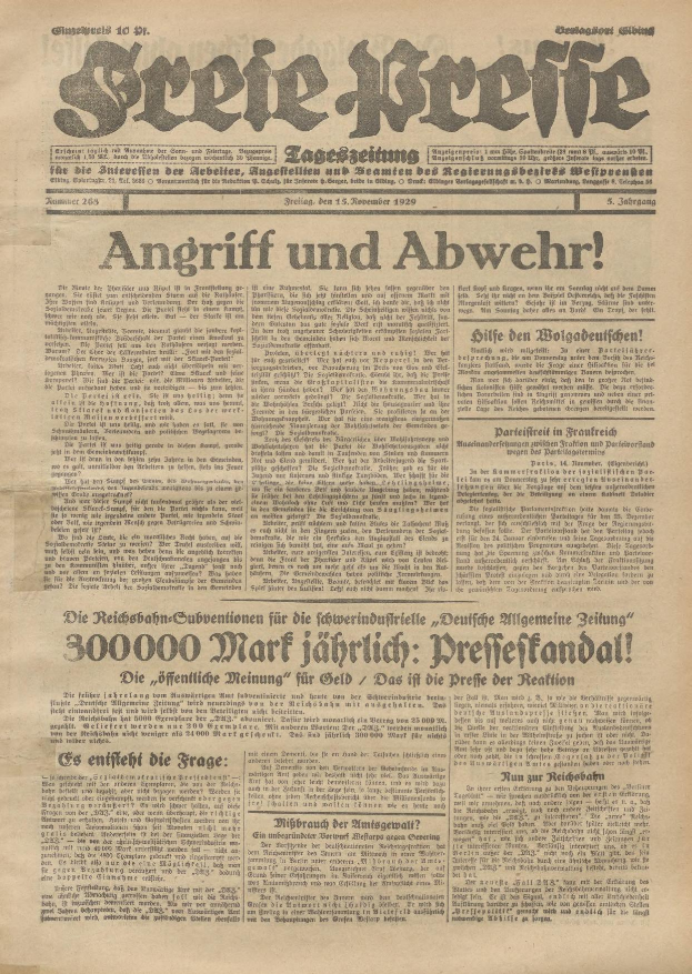 Ein Schwarz-Weiß-Bild eines Mannes auf der Titelseite einer deutschen Zeitung vom 15. Dezember 1929 mit der Überschrift "Screie Wreife - Angriff und Abwehr."