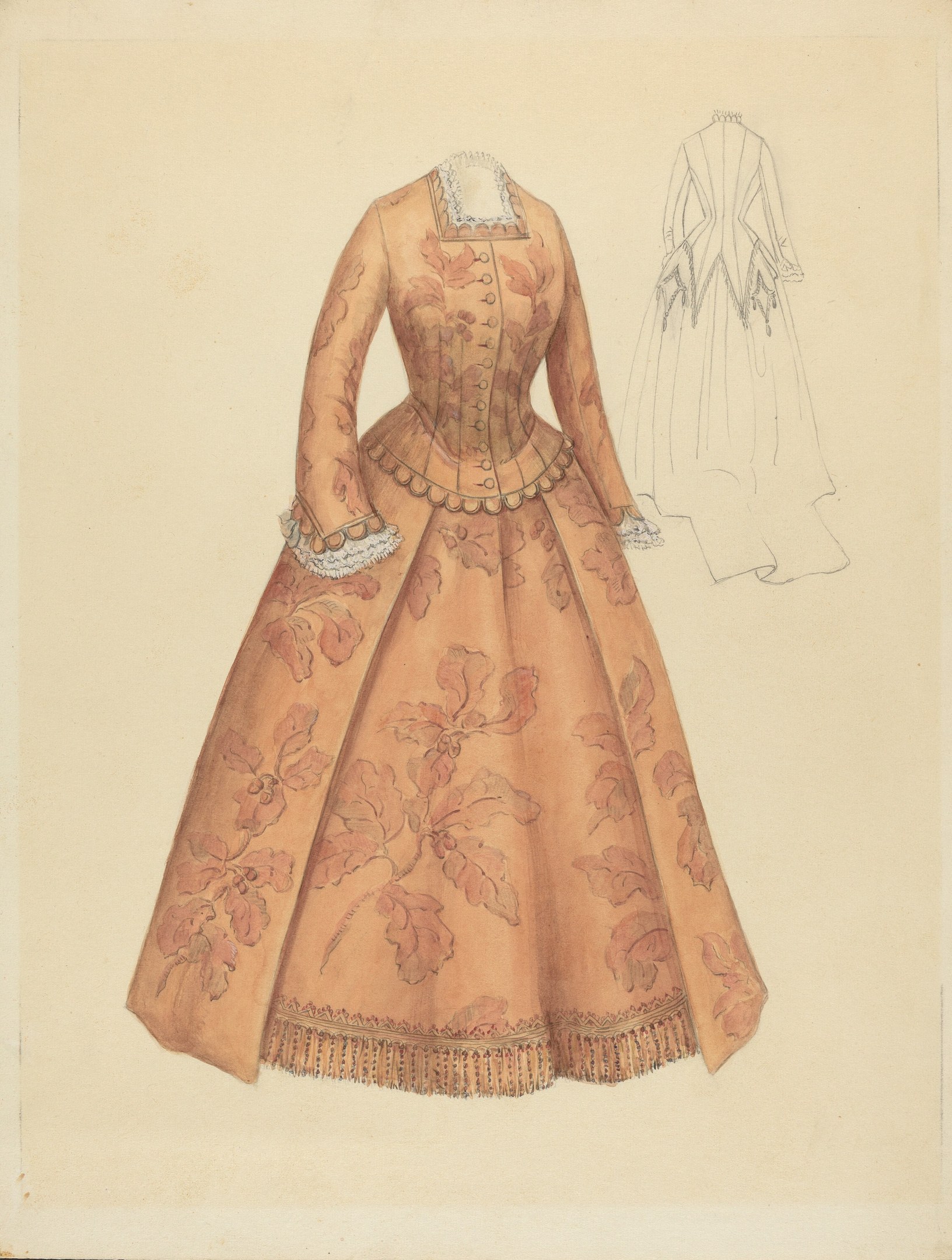 Ein detailliertes Kostümdesign aus dem 18. Jahrhundert für ein bodenlanges Kleid mit hohem Kragen, floralem Muster auf Rosa, Lila und Blau, sowie einer Spitzenborte am Rock.