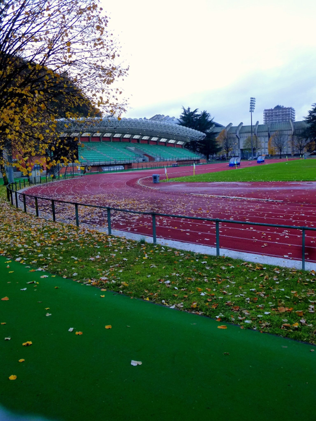 Eine Laufbahn in einem Park mit Herbstlaub auf dem Boden, umgeben von einem Zaun, Gras, Bäumen, Tribünen, Laternenmasten, Gebäuden und einem bewölkten Himmel.
