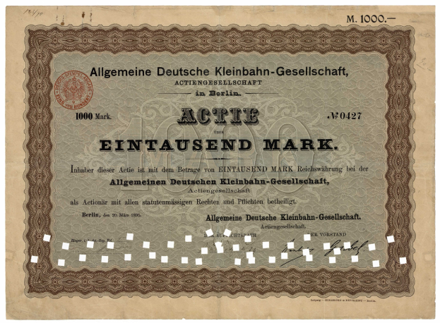 Altes deutsches Wertpapier, ausgestellt von der Regierung, mit Text und einem Stempel.