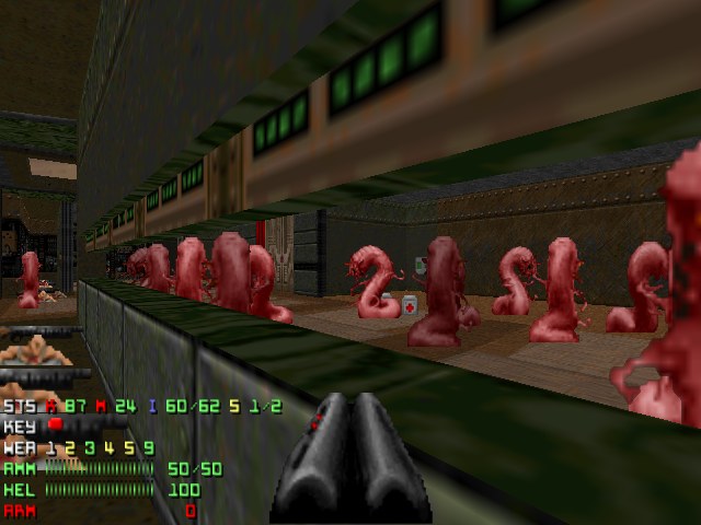 Ein Screenshot aus *Doom II*, der mehrere animierte Zombies in einem Raum zeigt, eine Waffe unten und Statusinformationen links.