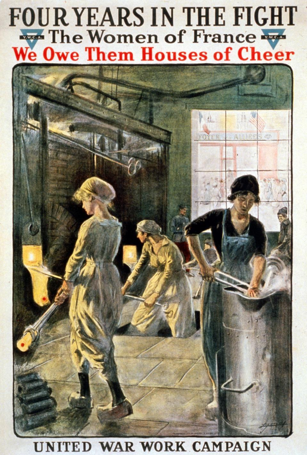 Plakat mit vier uniformierten Frauen in einer Fabrik, die Metallgegenstände halten, mit der Aufschrift "Vier Jahre im Kampf: Den Frauen Frankreichs schulden wir Häuser der Freude."