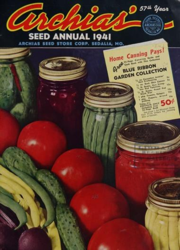 Ein Buch mit dem Titel "Archias Saatgut-Jahrbuch 1941" mit einem Cover, das Tomaten, Gurken, Paprika und Gefäße mit verschiedenen Gemüsen zeigt, alles in fetter Schrift.