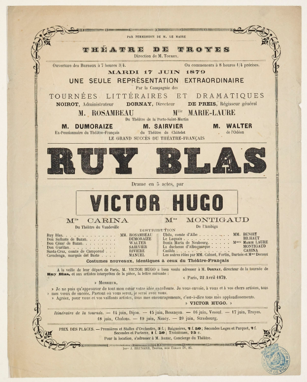 Eine alte Zeitungsanzeige für das Stück "Ruy Blas" von Victor Hugo