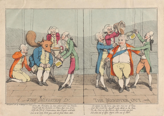 Cartoon von Menschen in verschiedenen farbigen Kleidern, einige halten Gegenstände, mit dem Text "Der Minister im Minister Out" unten.