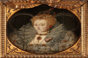 Porträt der Queen Elizabeth I. von England in einem weißen Kleid mit einer blauen Schärpe, die eine Krone trägt und ihre Hände vor sich verschränkt, gemalt im realistischen Stil mit leuchtenden Farben.
