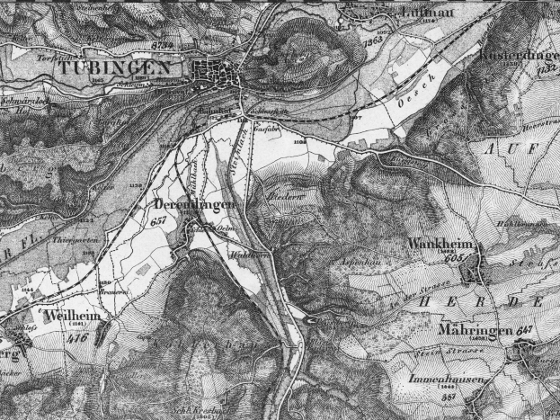 Eine schwarz-weiße topografische Karte von Tübingen, die detaillierte geografische Merkmale und Textanmerkungen zeigt.