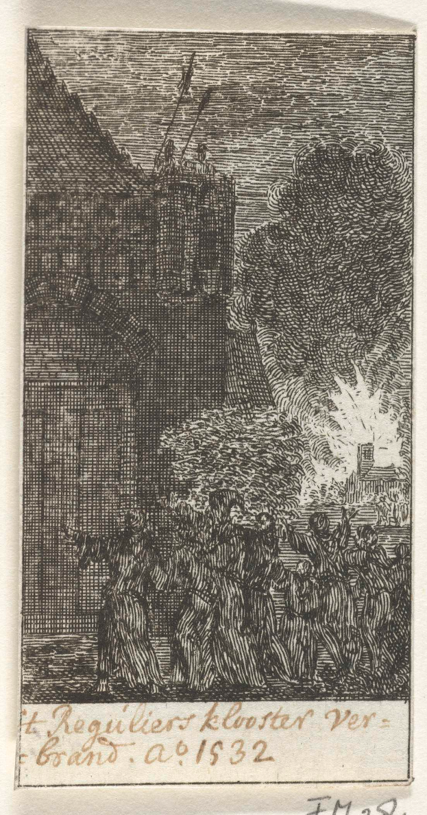 Eine Schwarz-Weiß-Radierung einer Gruppe von Menschen vor einem Gebäude mit Bäumen im Hintergrund, betitelt mit "Rembrandt Harmensz van Rijn - Die Verbrennung der Kirche".