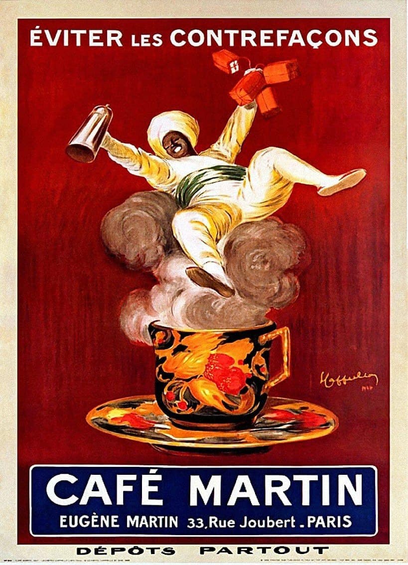 Plakat für Café Martin in Paris mit einer Person, die eine Tasse Kaffee hält, und dem Café-Name in fetter Schrift darüber.