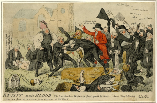 Eine Karikatur einer Menge mit einigen, die Fahnen halten, einem Gebäude im Hintergrund und einem Text unten, der "Resist unto Blood: The True Christian Warfare" lautet.