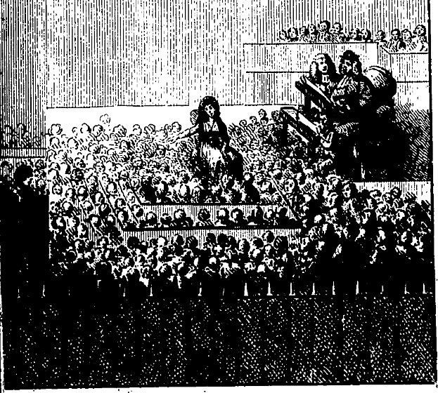 Eine Schwarz-Weiß-Zeichnung einer Menge in einem Theater, mit einigen Sitzenden und anderen Stehenden, und einem Text unten, der 'The New York Times' lautet.