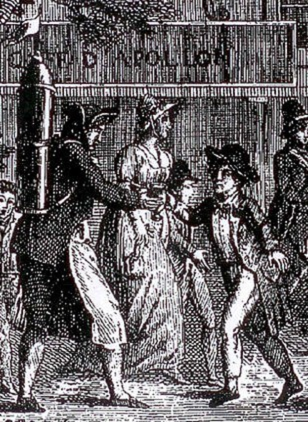 Schwarz-weiß-Zeichnung einer Gruppe verzweifelter Menschen, die vor einem Gebäude während der Viktorianischen Unruhen in London fliehen.