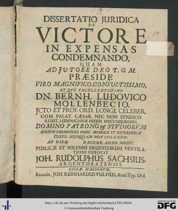 Deckblatt eines aufgeschlagenen Buches mit dem Titel "Dissertation Juridica de Victore in Expensas Condemando", das likely gerichtsbezogene Dokumente enthält.