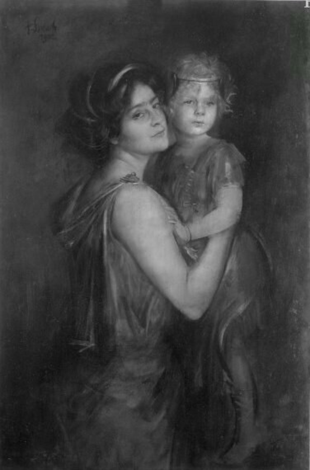 Schwarzes und weißes Portr├Ąt einer Frau mit einem Kind auf dem Arm, mit der Aufschrift "Mutter und Kind" unten.