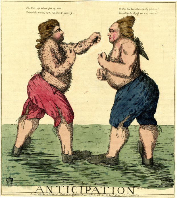 Zwei Cartoon-Männer kämpfen in ruhigem Wasser, einer wirft einen Schlag, mit Text unten.