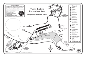 Detailierte Karte des Twin Lakes Freizeitgebiets mit Wanderwegen, Sehenswürdigkeiten und Entfernungen sowie Textangaben zu Wanderwegnamen und Besucherzahl.