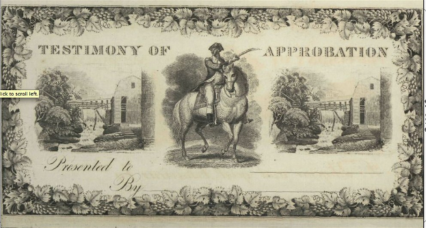 Eine Person auf einem Pferd umgeben von Bäumen und Häusern, die ein Papier mit sichtbarem Text hält.