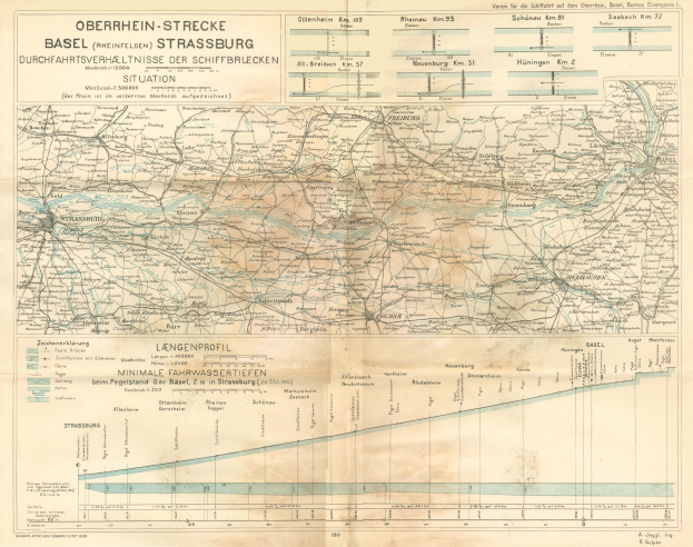 Alte Karte des Basel-Strasbourg-Gebiets in Deutschland, die das Ausmaß einer Bahnstrecke mit Text und Linien hervorhebt.