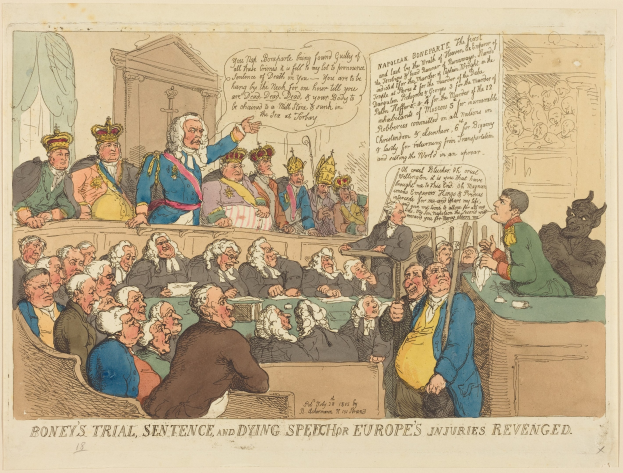 Eine Karikatur einer Gerichtsszene mit einer Gruppe von Menschen, die auf einem Stuhl sitzen und ein Mann in der Mitte steht, ein Tisch mit Gegenständen auf der rechten Seite und ein Text am unteren Rand, der "Boney's Trial, Sentence and Dying Speech Europe's Injuries Revenged" lautet.