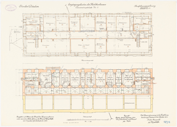 Ein detaillierter Grundrissplan des Stadtplatz-Gebäudes in Dresden, Deutschland, mit zahlreichen Zimmern, Anmerkungen und Text, der den Aufbau beschreibt.