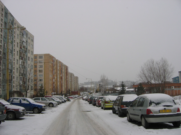 Eine verschneite Straßenszene mit Häusern, Bäumen, Autos und Strommasten auf beiden Seiten.