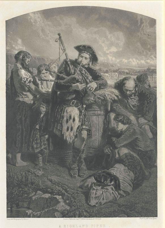 Schwarze und weiße Gravur eines Mannes, der vor einer Gruppe von Menschen eine Dudelsack spielt, mit einem bewölkten Himmel und der Inschrift "Ein Highland-Pfeifer" unten.