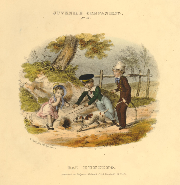 Ein Kindeszeichnung, die drei Kinder beim Spielen mit einem Hund im Park zeigt, umgeben von Bäumen, Pflanzen und einem Zaun, mit Text unten.