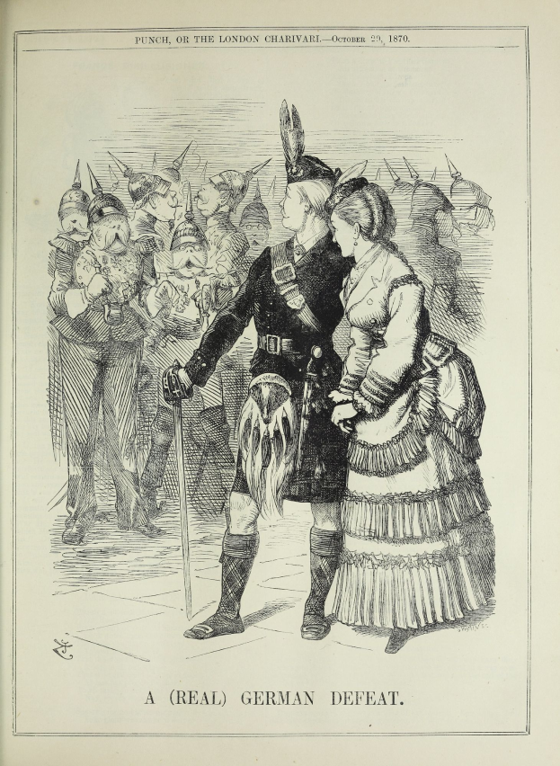 Ein Mann und eine Frau stehen auf einem Papier mit Wörtern und Zahlen, möglicherweise eine Anzeige einer deutschen Niederlage, während der Mann einen Stock hält und sie einer Menge gegenüberstehen.