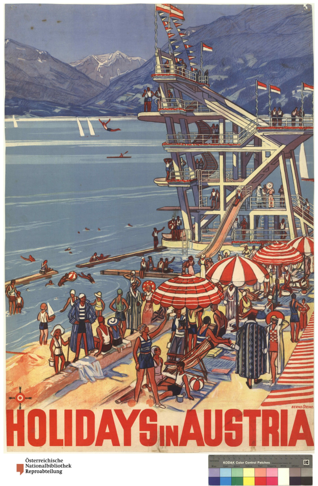 Plakat für Österreich-Urlaub mit Menschen am Strand mit Schirmen, einem Schiff im Hintergrund, schwingenden Flaggen und fernen Bergen.