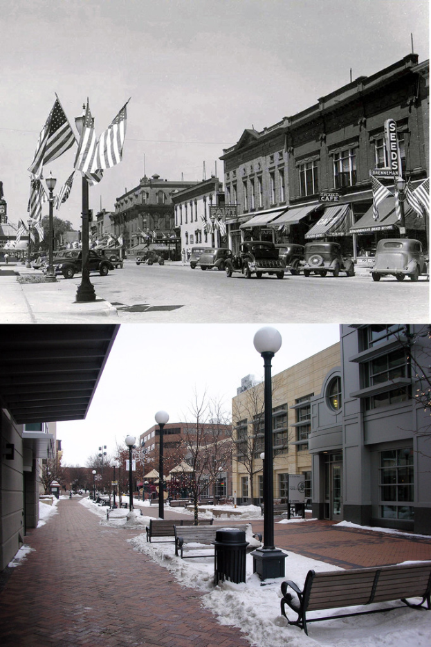 Ein Collage-Bild mit einer Stadtlandschaft mit schneebedecktem Boden, Bäumen, Laternen, Fahnen, einer Tafel, Gebäuden, Fahrzeugen, Bänken und einem Mülleimer unter einem Himmel.