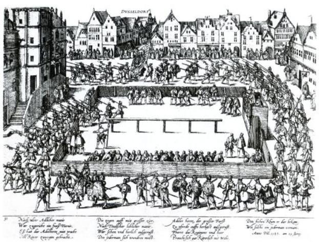 Schwarz-weiß-Zeichnung einer chaotischen Menge in einer Stadt während "Die Schlacht von Düsseldorf", mit Figuren, die Schwerter und Schilde schwingen.