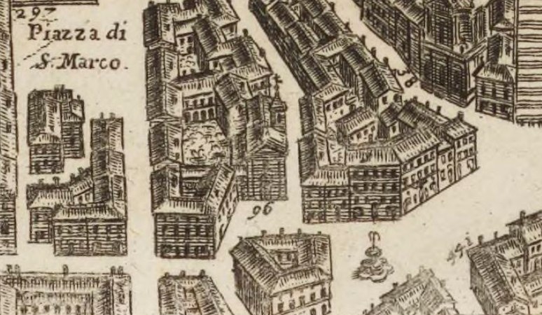 Eine handgezeichnete Stadtansicht mit verschiedenen Gebäuden mit einzigartigen Architekturstilen, begleitet von handgeschriebenem Text auf demselben Papier.