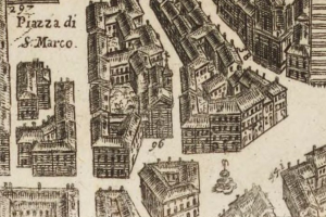 Eine handgezeichnete Stadtansicht mit verschiedenen Gebäuden mit einzigartigen Architekturstilen, begleitet von handgeschriebenem Text auf demselben Papier.