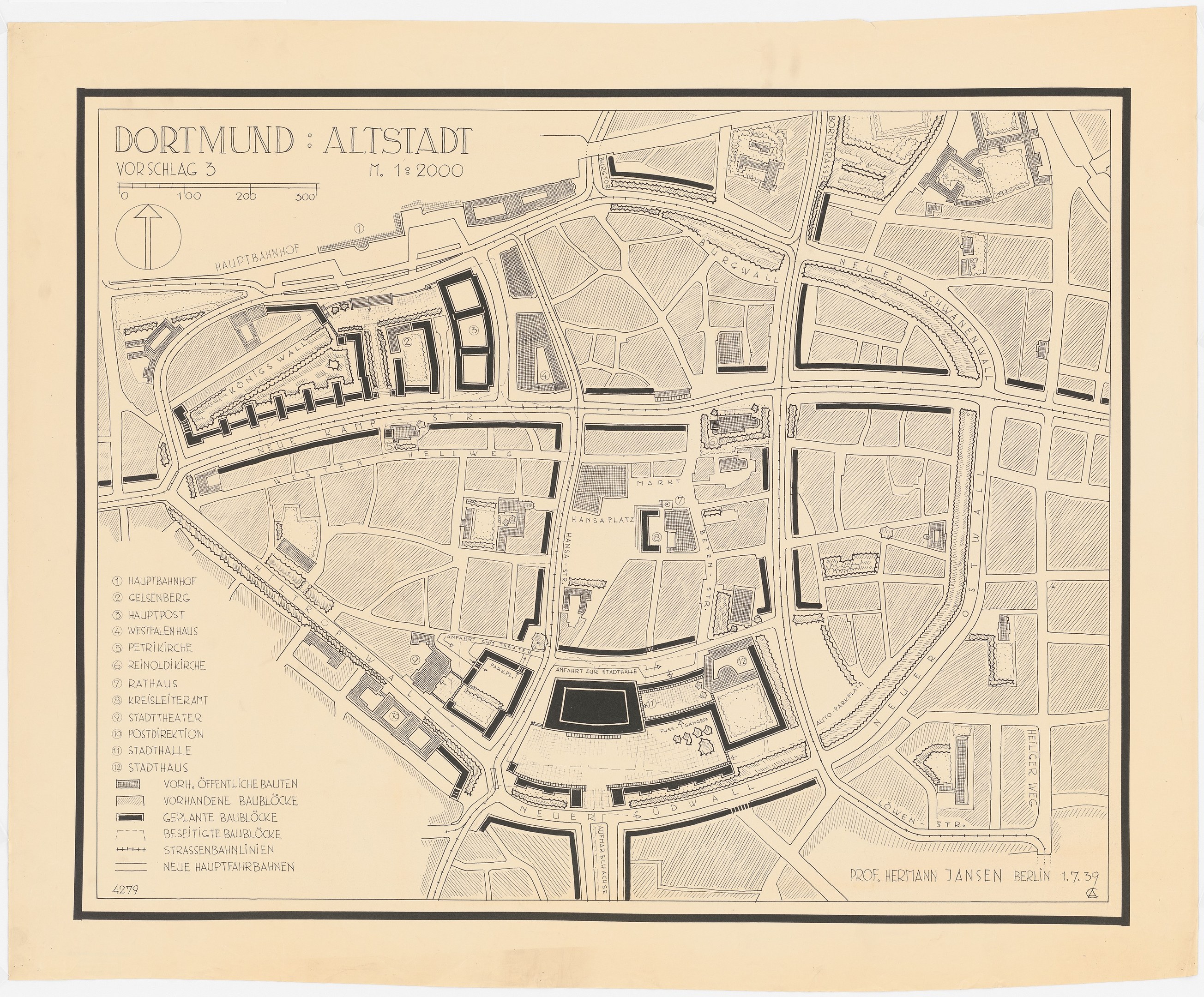 Detailiertes altes Stadtplan von Dortmund, Deutschland, zeigt Straßen, Gebäude, Sehenswürdigkeiten und Text mit Stadtinformationen auf einem weißen Hintergrund.