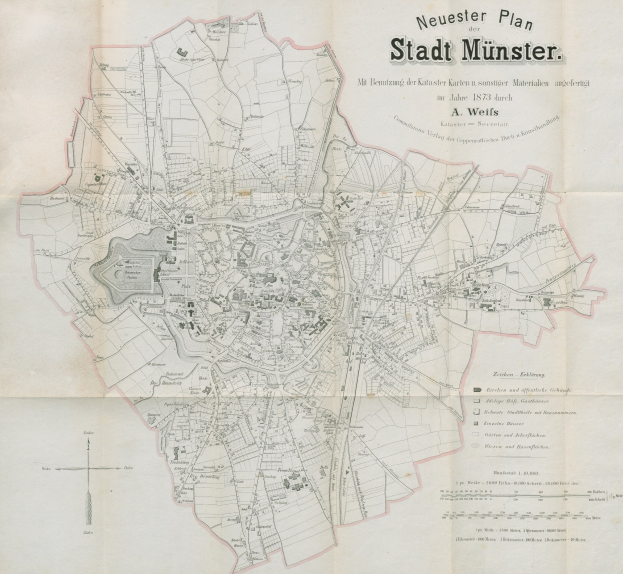 Detailreiche Karte von Stadt Münster, Deutschland, aus dem Jahr 1873 mit Textbeschriftungen zur Stadtplanung.