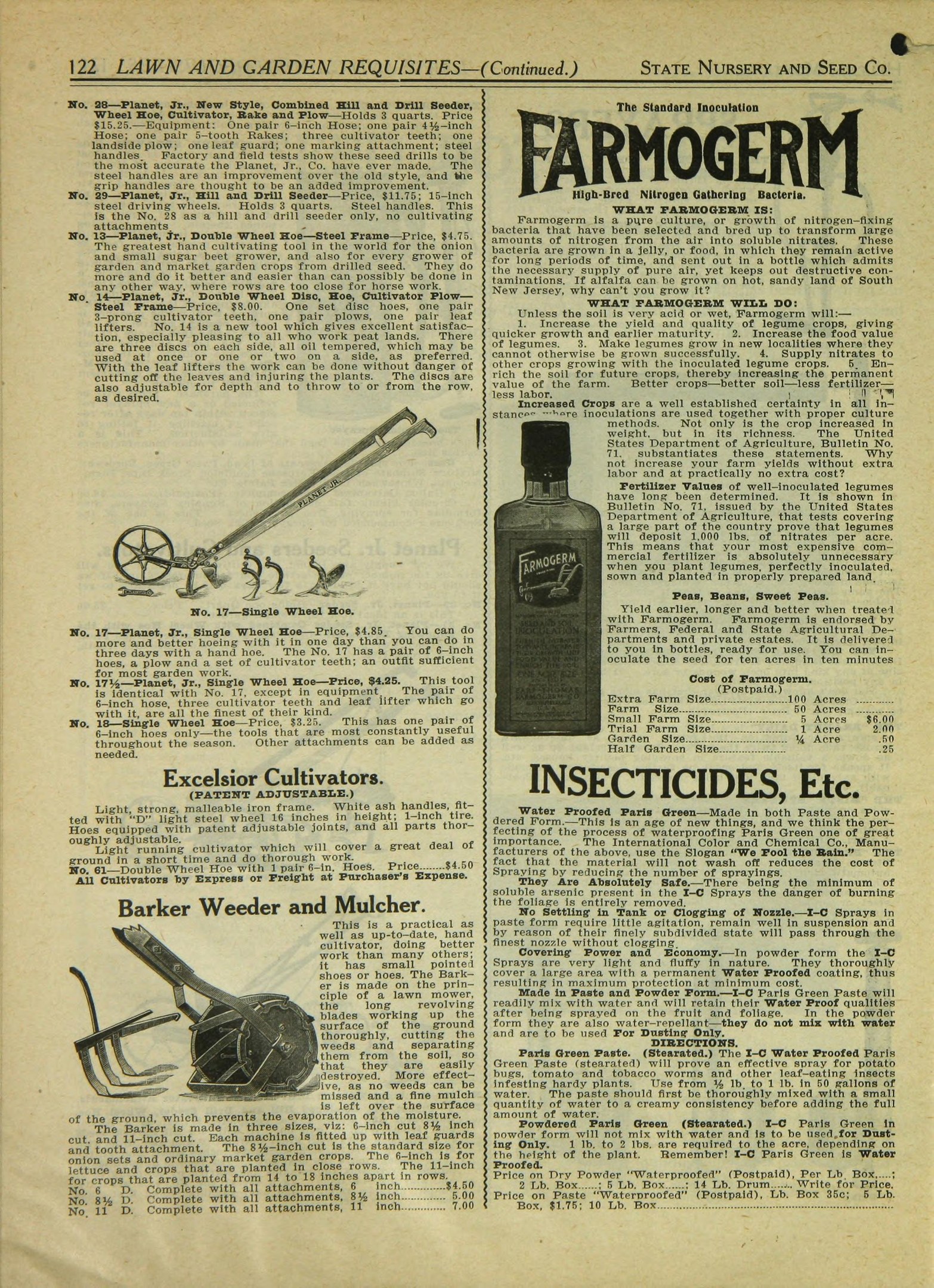 Alte Buchumschlagabbildung mit einer Flasche Farmogerm-Insektizid mit klarer Flüssigkeit, deutlicher schwarzer Schrift auf dem Etikett, hellblauem Hintergrund und weißem Rand.