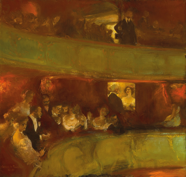 Gemälde einer lebendigen TheaterSzene mit einer vielfältigen Gruppe von formell gekleideten Menschen, einige stehen und einige sitzen, in einem hell erleuchteten Raum mit neutralfarbenen Wänden.