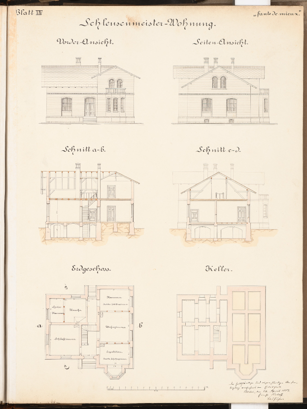 Ein aufgeschlagenes Buch mit dem Titel "Architektonische Pläne der Schlossenmeister Wohnung", das detaillierte Pläne eines Hauses zeigt, einschließlich Zimmern, Fenstern, Türen und Dach.