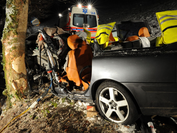Ein demoliertes Auto am Straßenrand bei Schnee mit einem Rettungswagen im Hintergrund, umgeben von Bäumen.