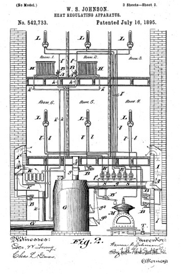 Schwarz-weißes technisches Zeichnung eines komplexen Heizregelgeräts aus dem Jahr 1885, das zahlreiche Rohre und Ventile sowie begleitenden Text enthält.
