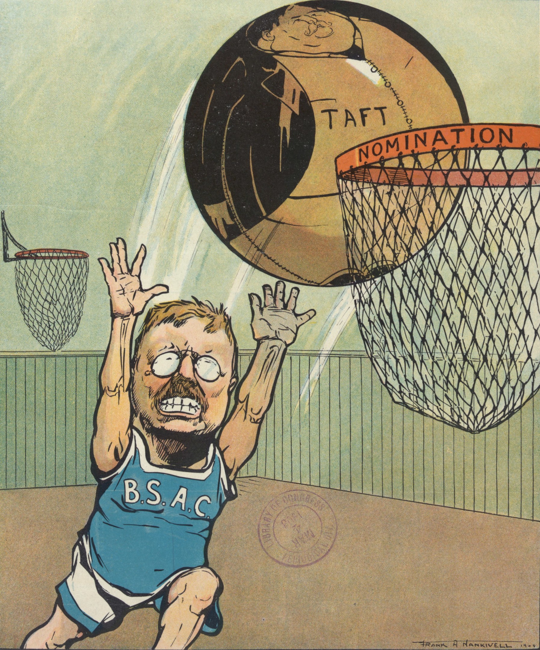 Cartoon eines Mannes in einem Basketballtrikot und Shorts, der einen hellgelben Basketball in ein tiefblaues Netz wirft, gegen einen hellblauen Himmel mit wei{ße Wolken, sein Gesicht zeigt Entschlossenheit.