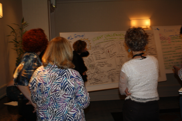 Viele Frauen stehen vor einer Whiteboard mit Text, unter einer Wandlampe, mit einer Pflanze links, in einem Raum.